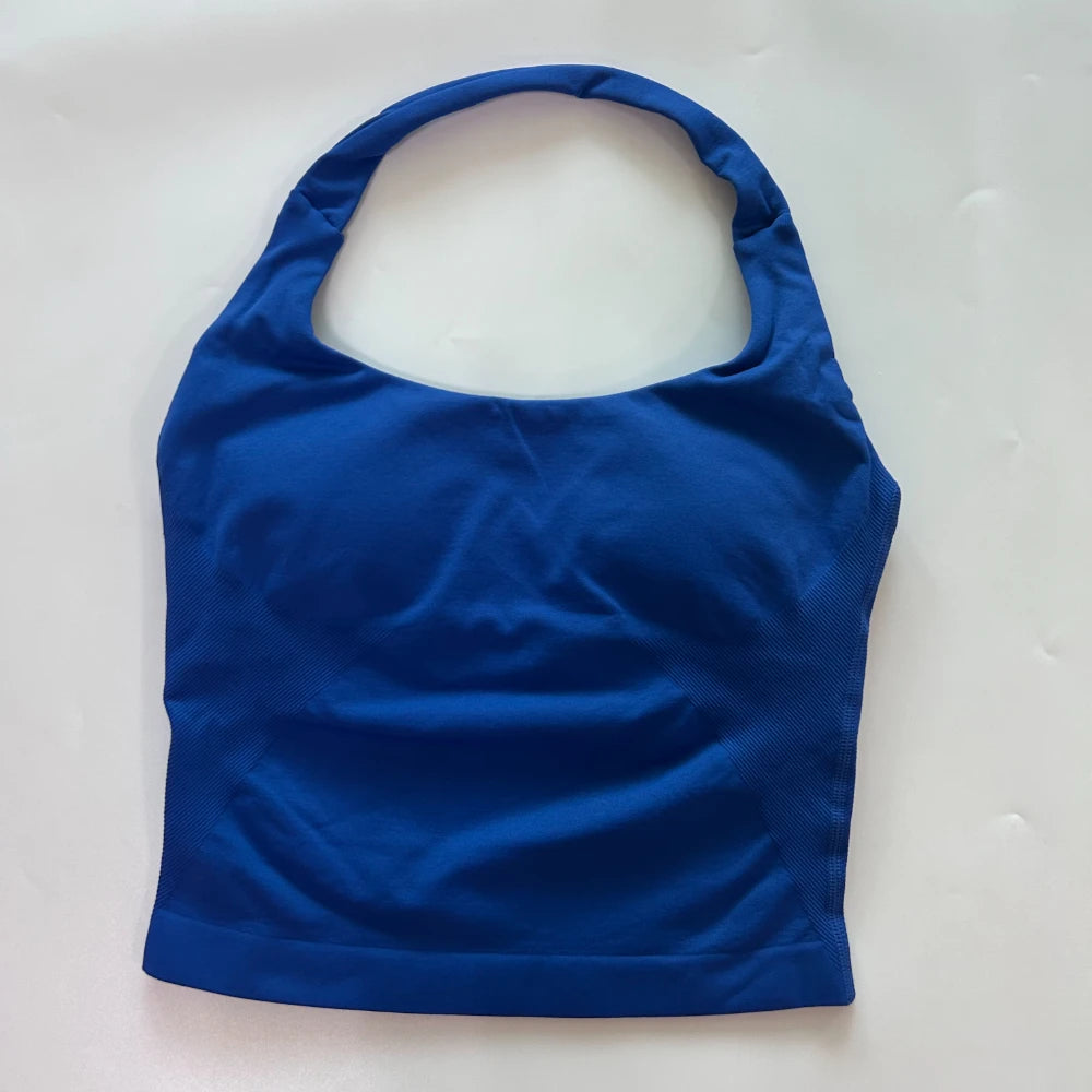 Yoga Halter Top Leggings Gym Set Women's Seamless High Elastic Longline Vest Buttock lift Shorts Set Daily Exercise  Sports Set