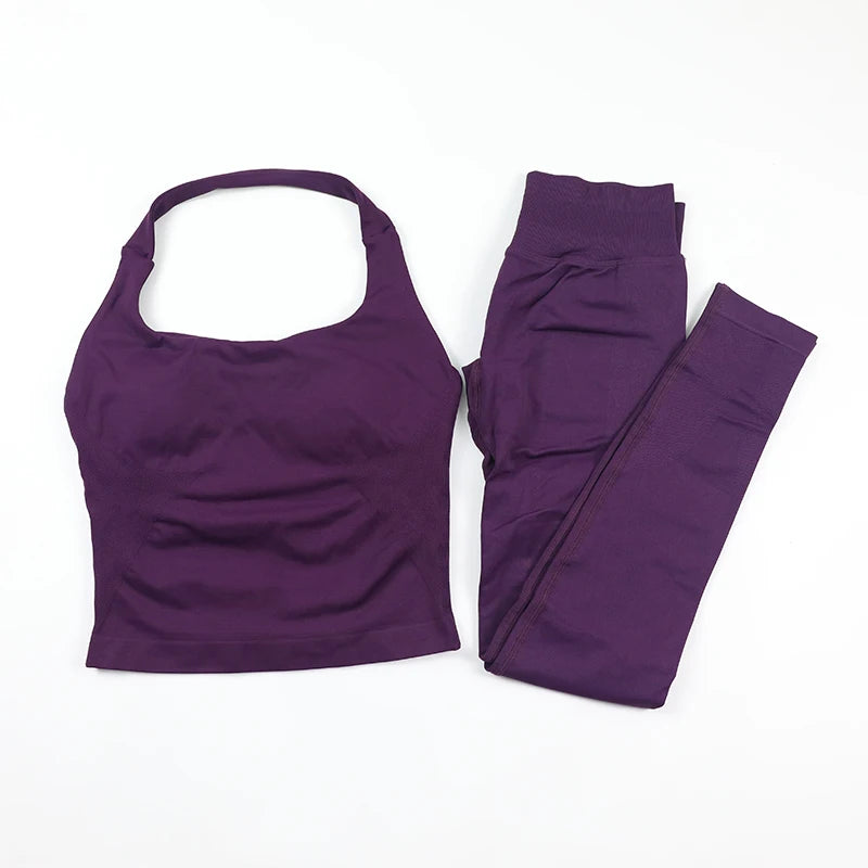 Yoga Halter Top Leggings Gym Set Women's Seamless High Elastic Longline Vest Buttock lift Shorts Set Daily Exercise  Sports Set