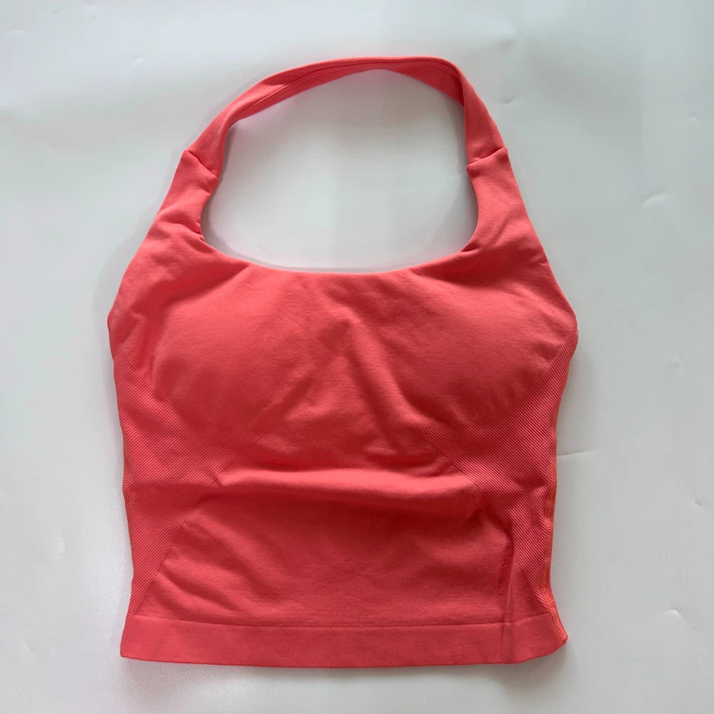 Yoga Halter Top Leggings Gym Set Women's Seamless High Elastic Longline Vest Buttock lift Shorts Set Daily Exercise  Sports Set