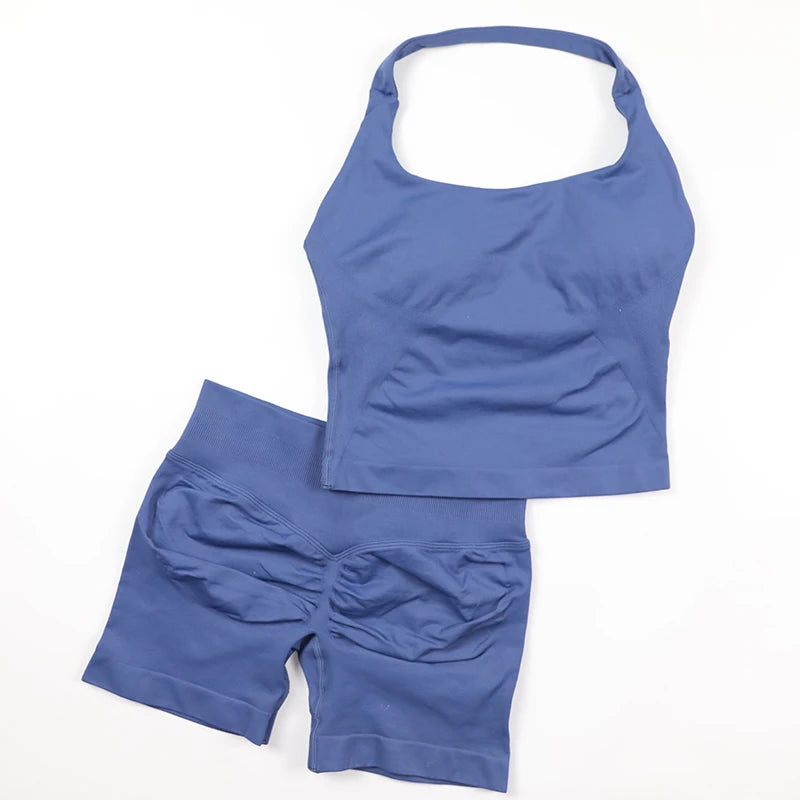 Yoga Halter Top Leggings Gym Set Women's Seamless High Elastic Longline Vest Buttock lift Shorts Set Daily Exercise  Sports Set