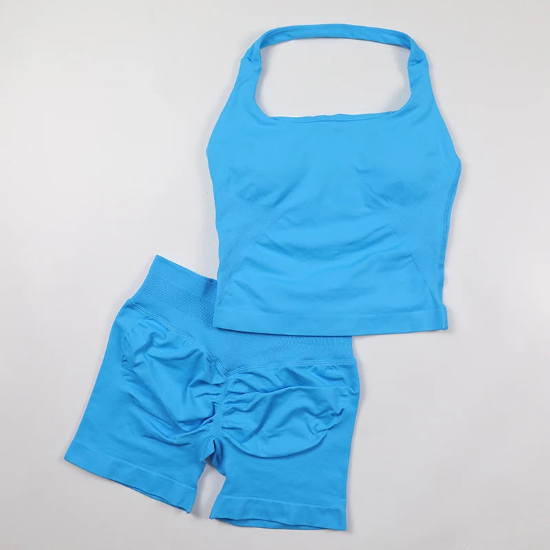 Yoga Halter Top Leggings Gym Set Women's Seamless High Elastic Longline Vest Buttock lift Shorts Set Daily Exercise  Sports Set