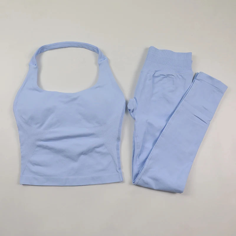 Yoga Halter Top Leggings Gym Set Women's Seamless High Elastic Longline Vest Buttock lift Shorts Set Daily Exercise  Sports Set