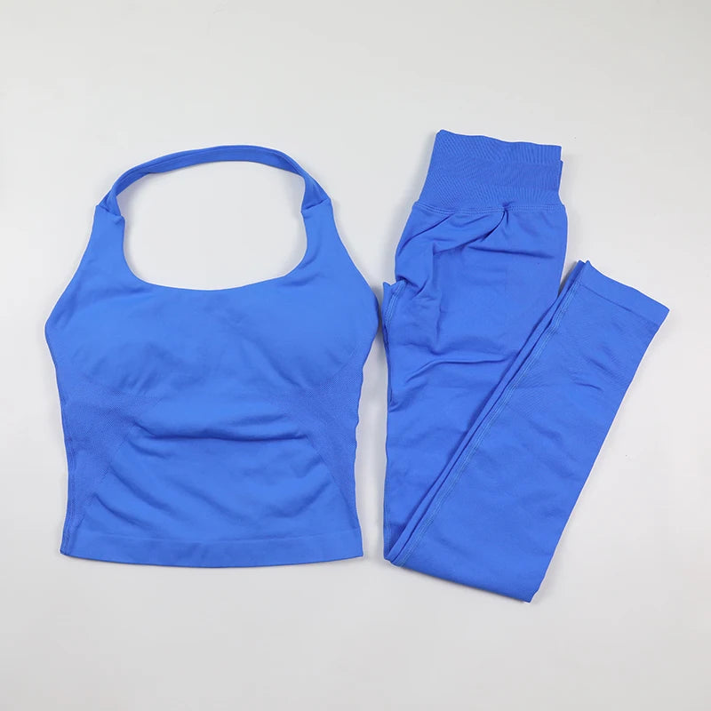 Yoga Halter Top Leggings Gym Set Women's Seamless High Elastic Longline Vest Buttock lift Shorts Set Daily Exercise  Sports Set