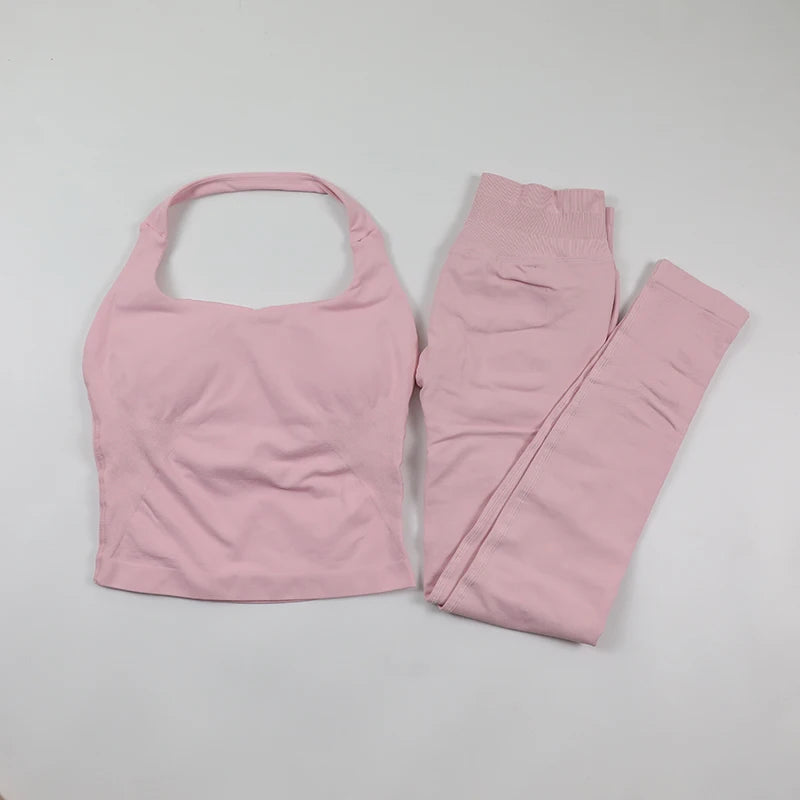 Yoga Halter Top Leggings Gym Set Women's Seamless High Elastic Longline Vest Buttock lift Shorts Set Daily Exercise  Sports Set