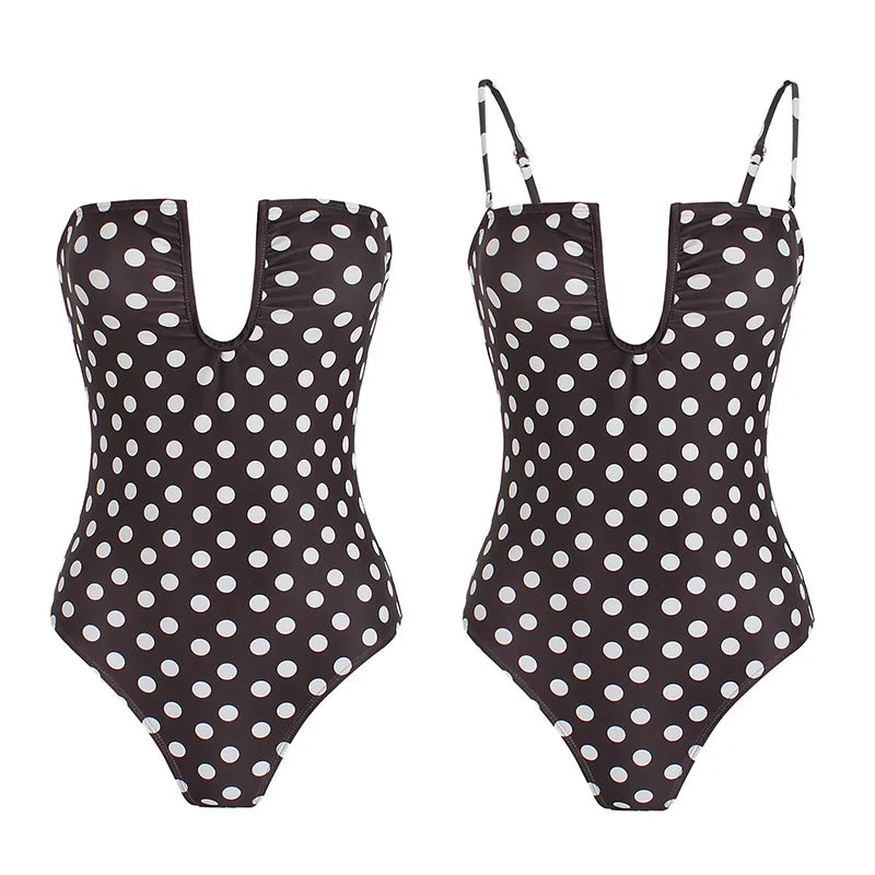 2026 Summer Chic Polka Dot Monokini Cut-Out One-Piece Swimsuit Sexy Deep U Neck Beachwear Bathing Suit Women Brazil Biquini K320