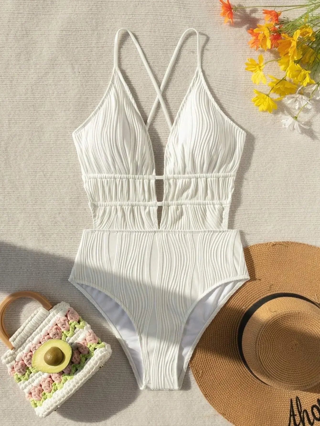 Sexy Ribbed Swimsuit One Piece Deep V-neck Bikinis Bodysuit Back Tie Swimwear High Waist Bathing Suit Beachwear Biquini Tankini