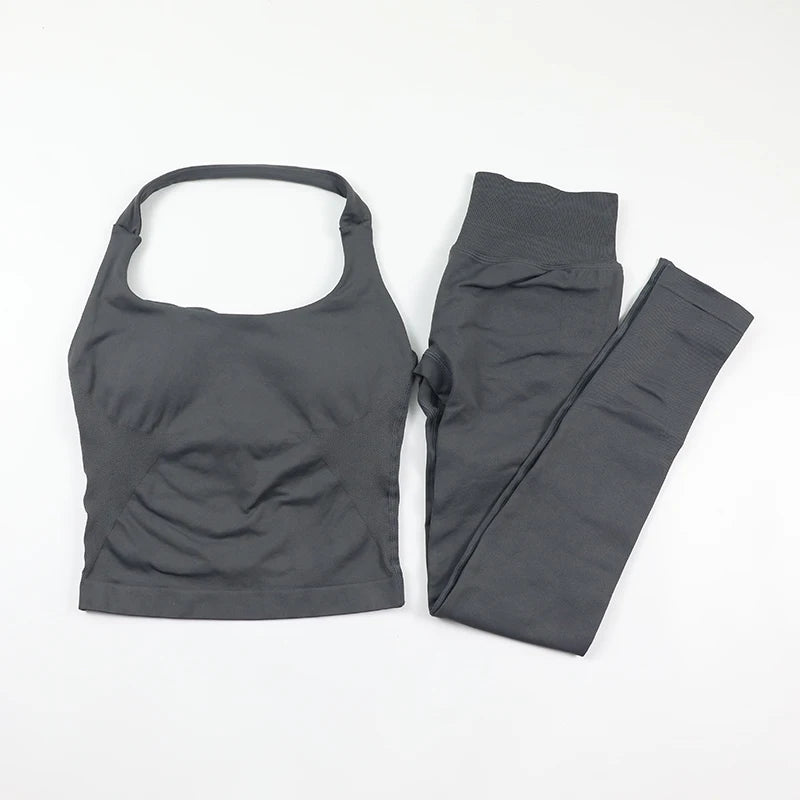 Yoga Halter Top Leggings Gym Set Women's Seamless High Elastic Longline Vest Buttock lift Shorts Set Daily Exercise  Sports Set