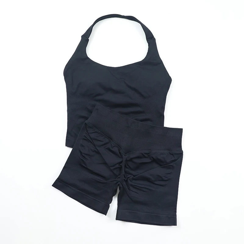 Yoga Halter Top Leggings Gym Set Women's Seamless High Elastic Longline Vest Buttock lift Shorts Set Daily Exercise  Sports Set