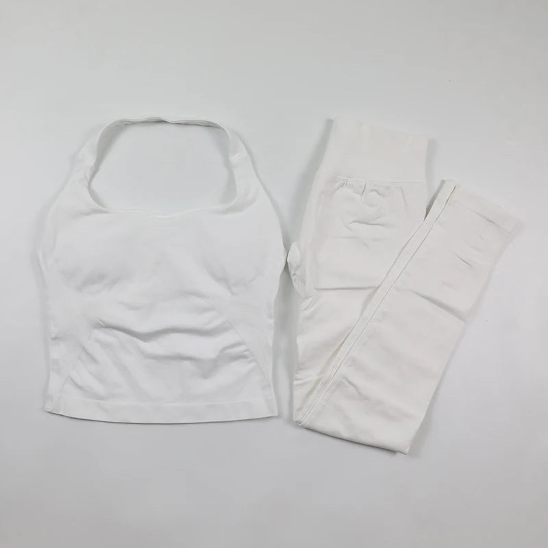 Yoga Halter Top Leggings Gym Set Women's Seamless High Elastic Longline Vest Buttock lift Shorts Set Daily Exercise  Sports Set