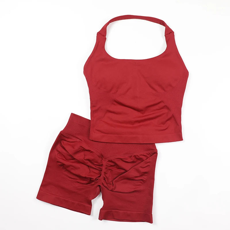 Yoga Halter Top Leggings Gym Set Women's Seamless High Elastic Longline Vest Buttock lift Shorts Set Daily Exercise  Sports Set