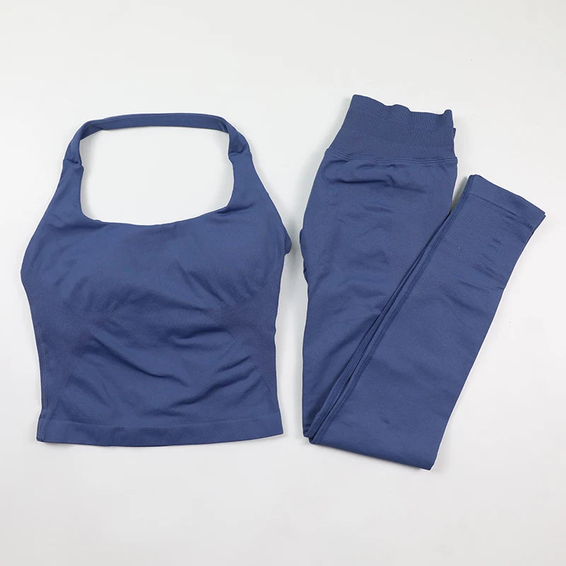 Yoga Halter Top Leggings Gym Set Women's Seamless High Elastic Longline Vest Buttock lift Shorts Set Daily Exercise  Sports Set