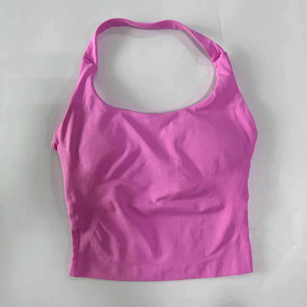 Yoga Halter Top Leggings Gym Set Women's Seamless High Elastic Longline Vest Buttock lift Shorts Set Daily Exercise  Sports Set