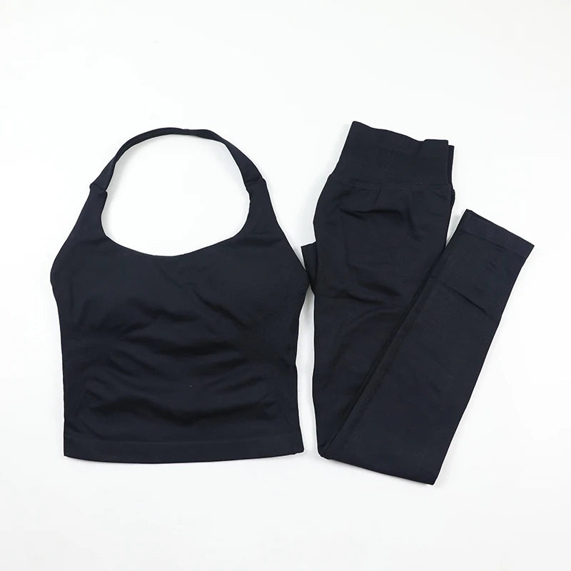 Yoga Halter Top Leggings Gym Set Women's Seamless High Elastic Longline Vest Buttock lift Shorts Set Daily Exercise  Sports Set