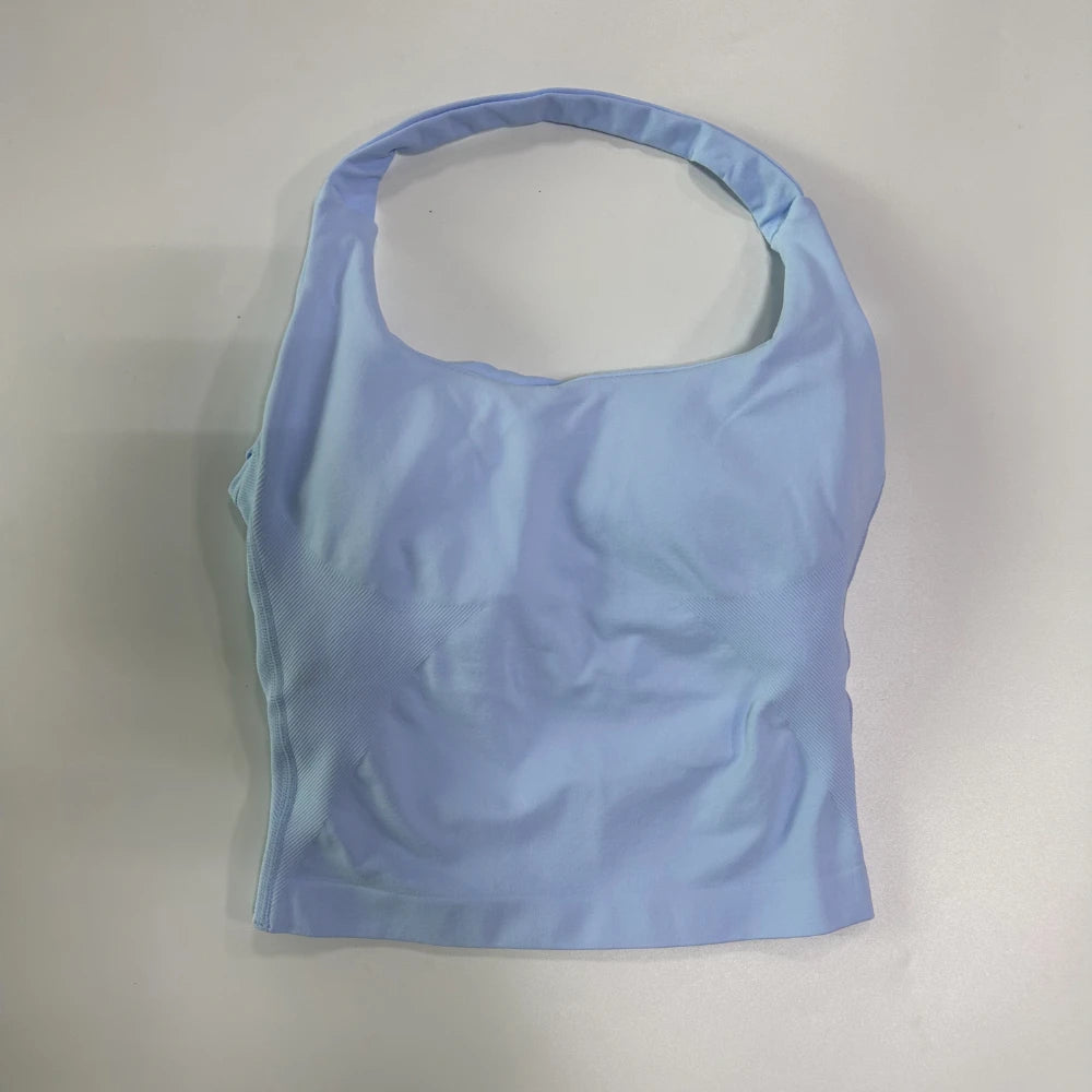 Yoga Halter Top Leggings Gym Set Women's Seamless High Elastic Longline Vest Buttock lift Shorts Set Daily Exercise  Sports Set