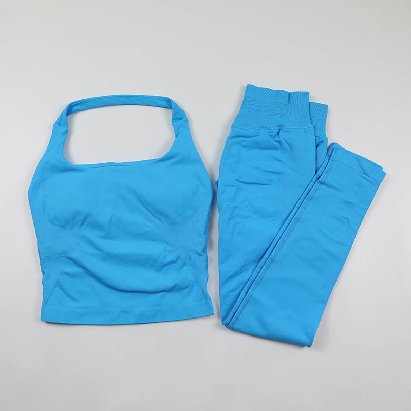 Yoga Halter Top Leggings Gym Set Women's Seamless High Elastic Longline Vest Buttock lift Shorts Set Daily Exercise  Sports Set