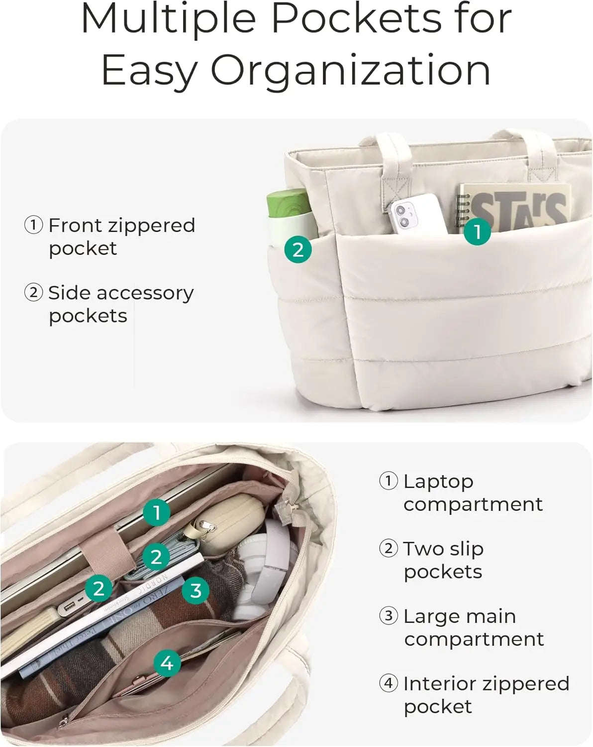 Lightweight Puffy Quilted Tote Bag for Women with Compartments, Ideal for Travel Work Gym