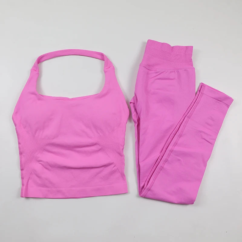 Yoga Halter Top Leggings Gym Set Women's Seamless High Elastic Longline Vest Buttock lift Shorts Set Daily Exercise  Sports Set