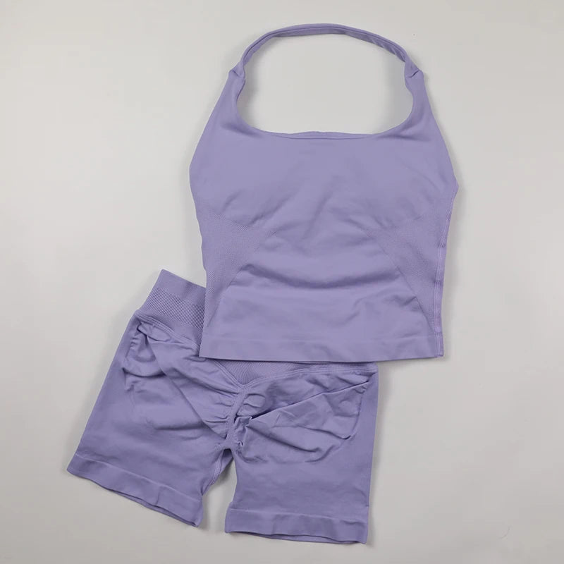 Yoga Halter Top Leggings Gym Set Women's Seamless High Elastic Longline Vest Buttock lift Shorts Set Daily Exercise  Sports Set