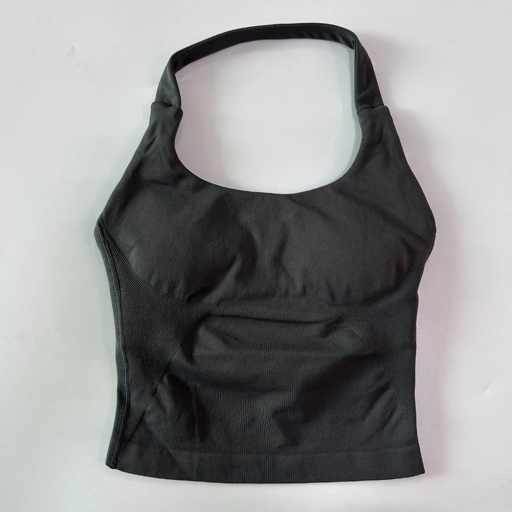 Yoga Halter Top Leggings Gym Set Women's Seamless High Elastic Longline Vest Buttock lift Shorts Set Daily Exercise  Sports Set