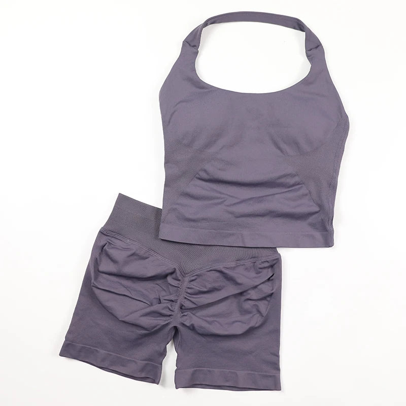 Yoga Halter Top Leggings Gym Set Women's Seamless High Elastic Longline Vest Buttock lift Shorts Set Daily Exercise  Sports Set