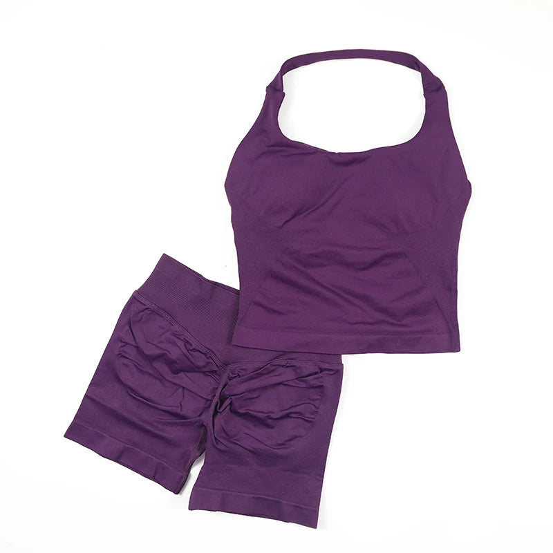 Yoga Halter Top Leggings Gym Set Women's Seamless High Elastic Longline Vest Buttock lift Shorts Set Daily Exercise  Sports Set