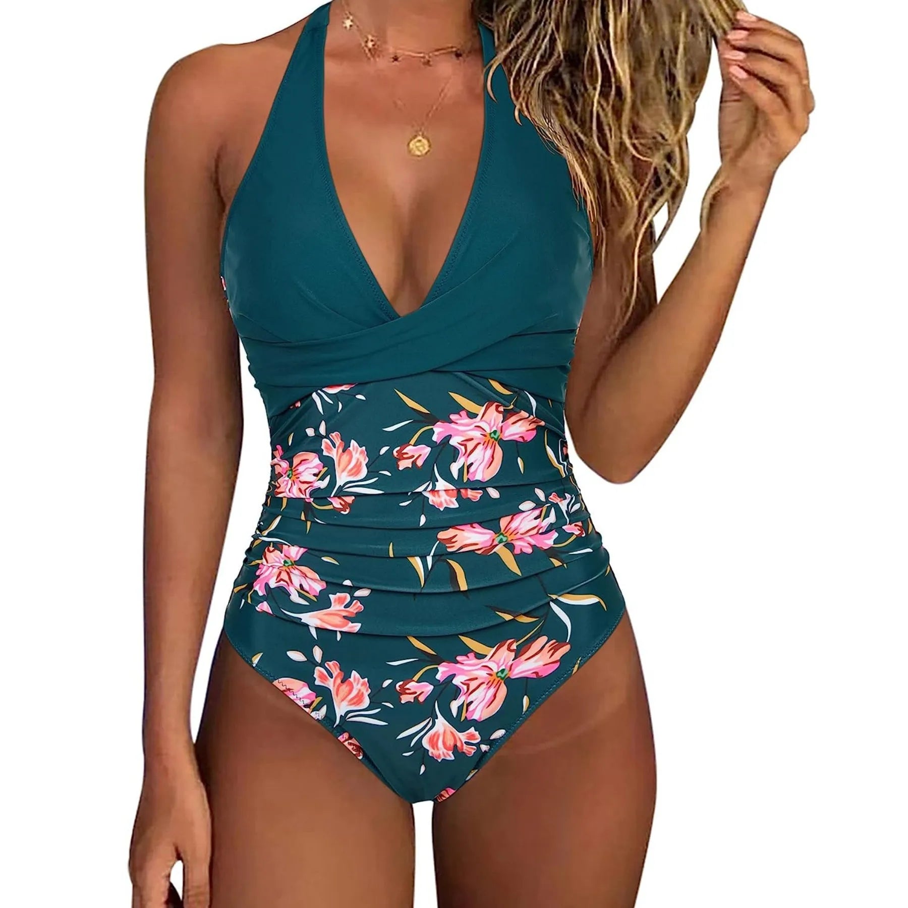 Women's One Piece Swimsuits Tummy Control Bathing Suits for Womens Halter V Neck Criss Cross Ruched Push Up Slimming Swimwear