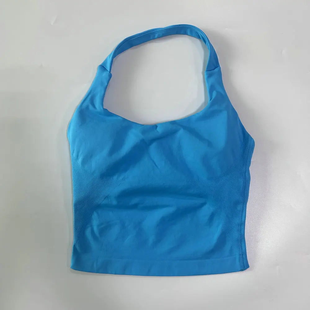 Yoga Halter Top Leggings Gym Set Women's Seamless High Elastic Longline Vest Buttock lift Shorts Set Daily Exercise  Sports Set