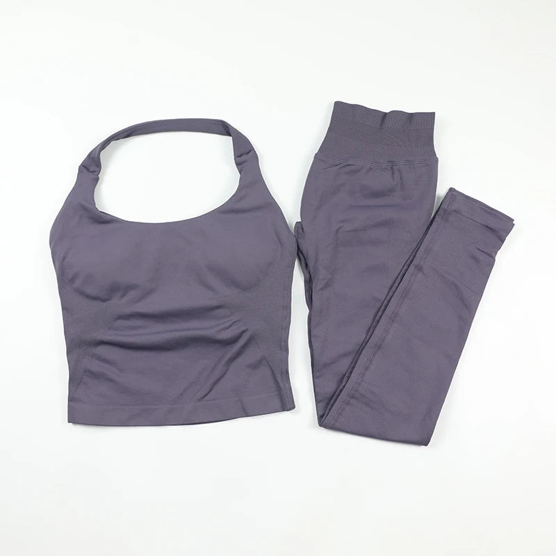 Yoga Halter Top Leggings Gym Set Women's Seamless High Elastic Longline Vest Buttock lift Shorts Set Daily Exercise  Sports Set