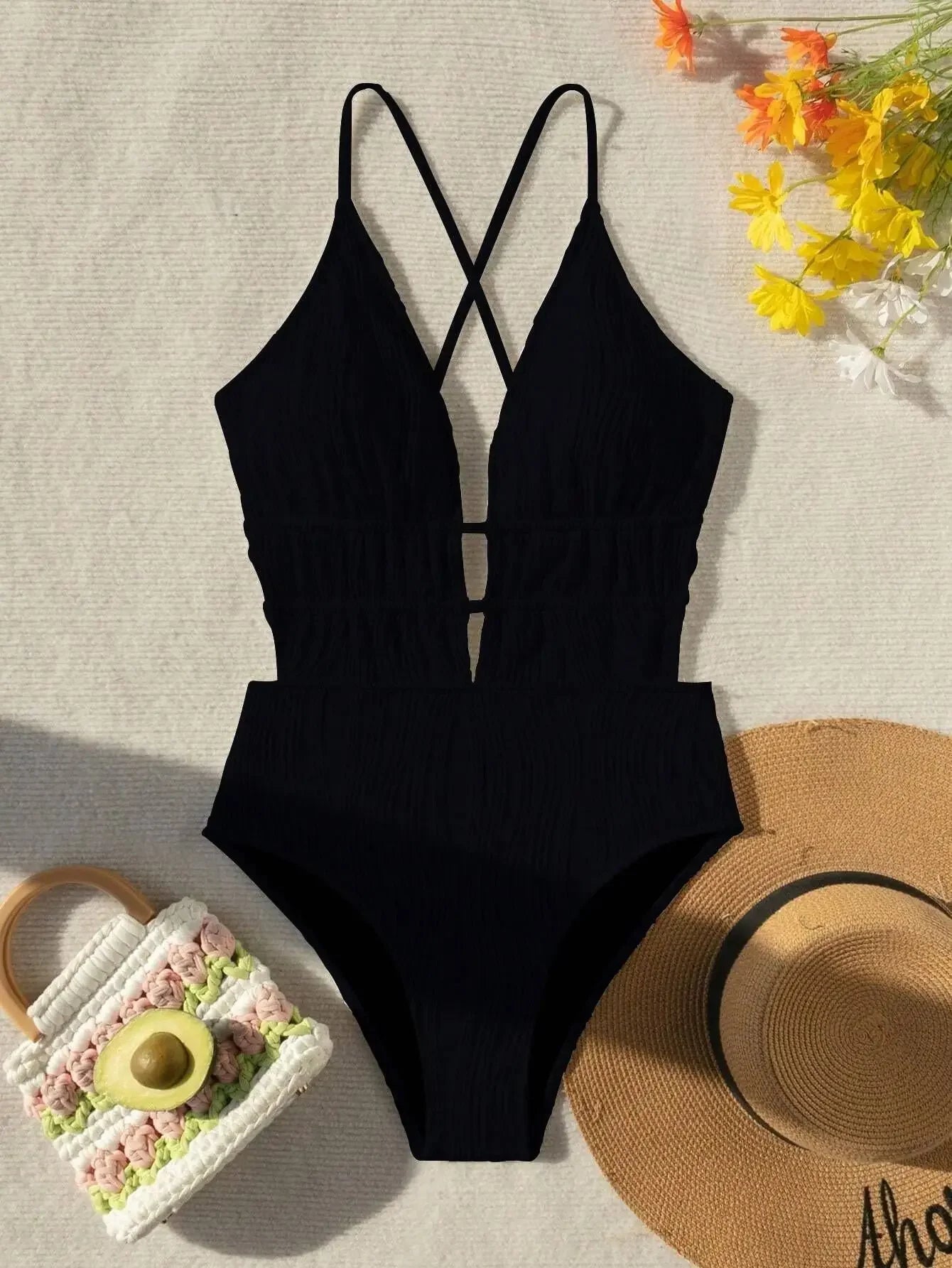 Sexy Ribbed Swimsuit One Piece Deep V-neck Bikinis Bodysuit Back Tie Swimwear High Waist Bathing Suit Beachwear Biquini Tankini
