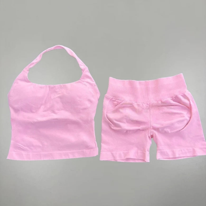 Yoga Halter Top Leggings Gym Set Women's Seamless High Elastic Longline Vest Buttock lift Shorts Set Daily Exercise  Sports Set