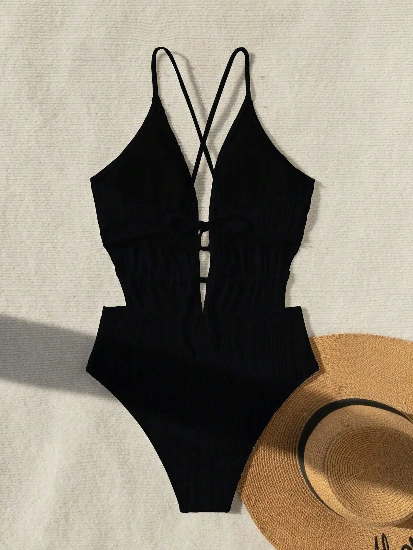 Sexy Ribbed Swimsuit One Piece Deep V-neck Bikinis Bodysuit Back Tie Swimwear High Waist Bathing Suit Beachwear Biquini Tankini