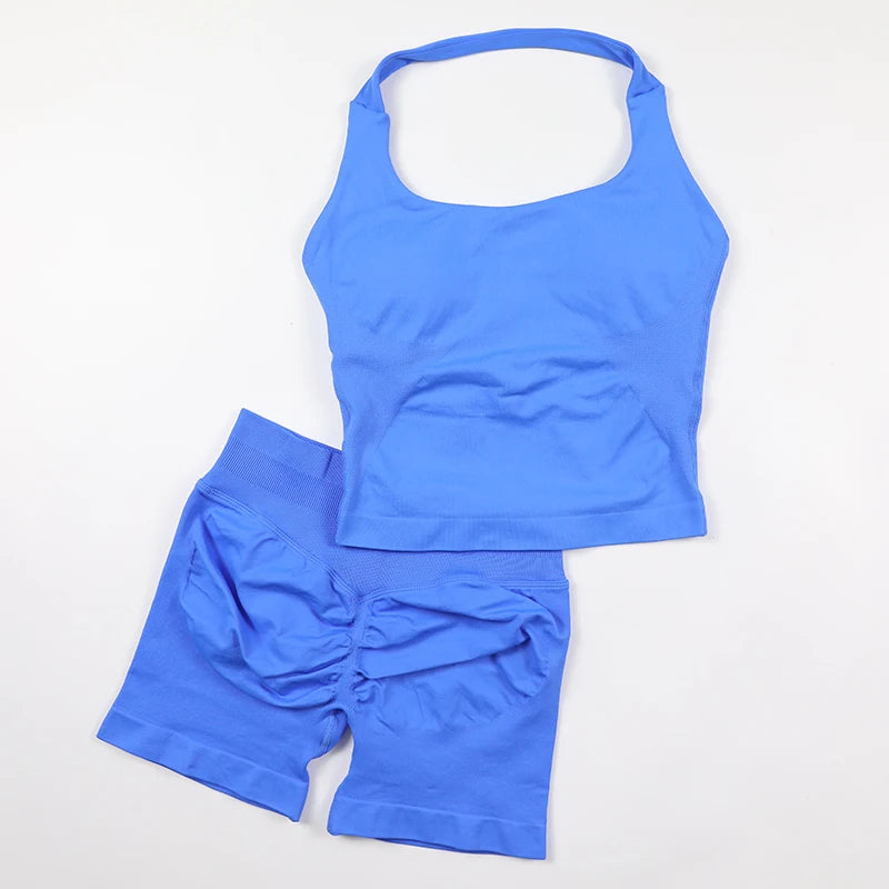 Yoga Halter Top Leggings Gym Set Women's Seamless High Elastic Longline Vest Buttock lift Shorts Set Daily Exercise  Sports Set