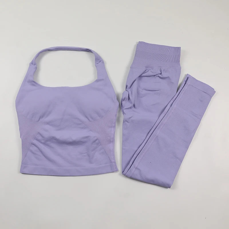 Yoga Halter Top Leggings Gym Set Women's Seamless High Elastic Longline Vest Buttock lift Shorts Set Daily Exercise  Sports Set