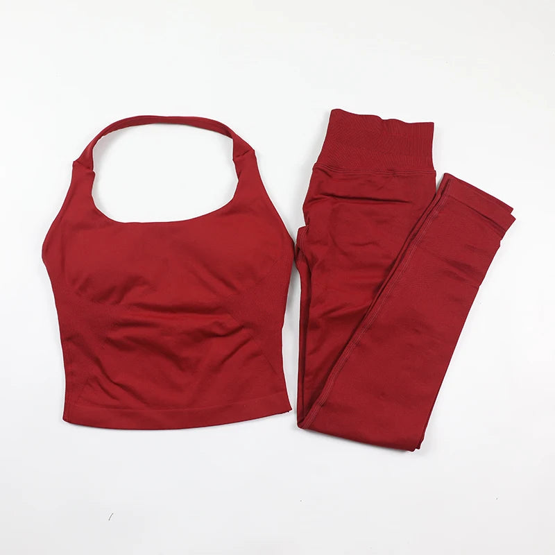 Yoga Halter Top Leggings Gym Set Women's Seamless High Elastic Longline Vest Buttock lift Shorts Set Daily Exercise  Sports Set