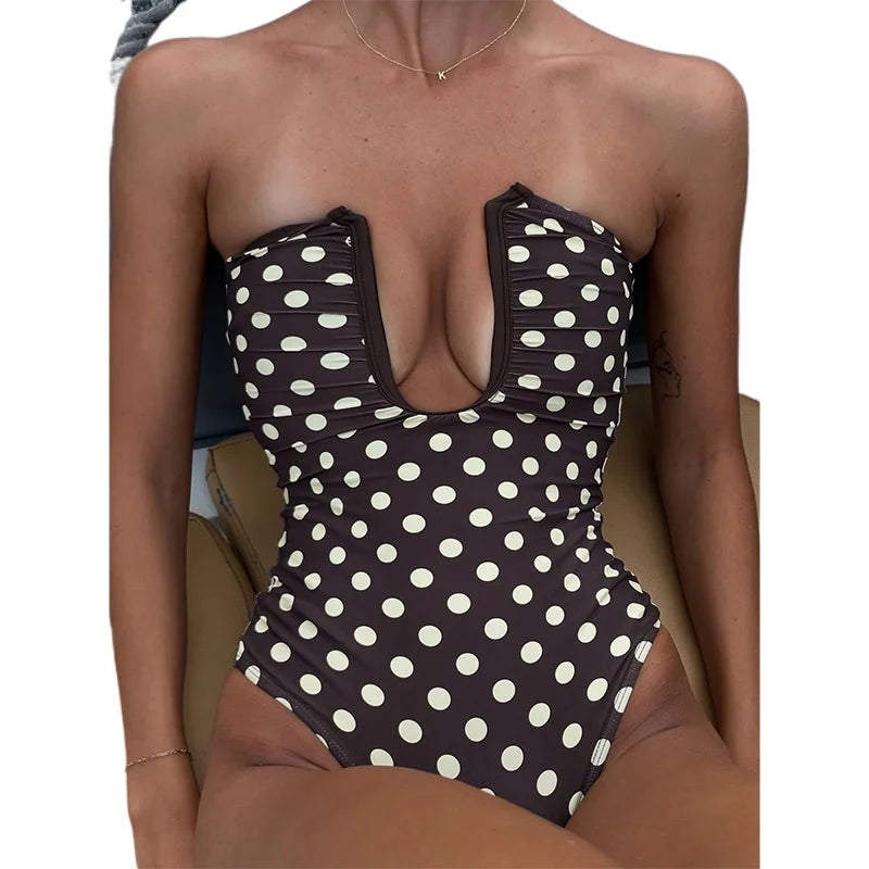 2026 Summer Chic Polka Dot Monokini Cut-Out One-Piece Swimsuit Sexy Deep U Neck Beachwear Bathing Suit Women Brazil Biquini K320