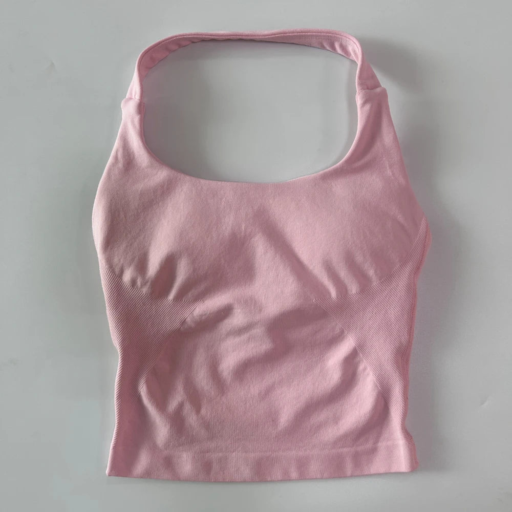 Yoga Halter Top Leggings Gym Set Women's Seamless High Elastic Longline Vest Buttock lift Shorts Set Daily Exercise  Sports Set