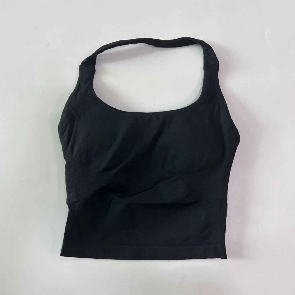 Yoga Halter Top Leggings Gym Set Women's Seamless High Elastic Longline Vest Buttock lift Shorts Set Daily Exercise  Sports Set