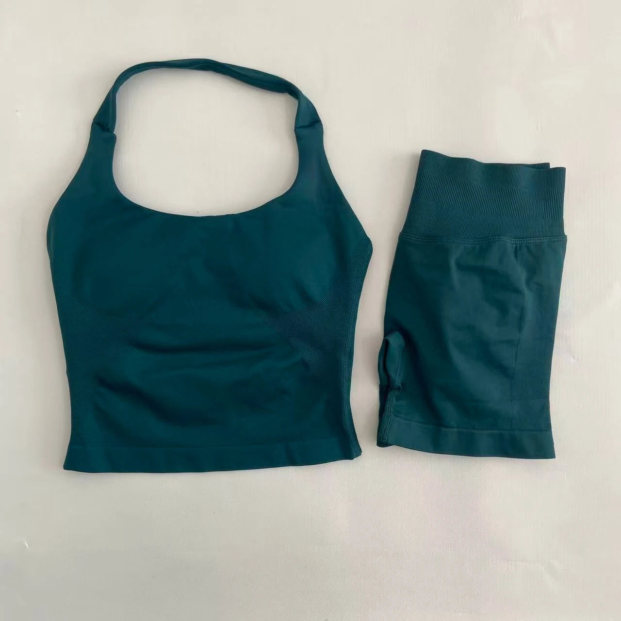 Yoga Halter Top Leggings Gym Set Women's Seamless High Elastic Longline Vest Buttock lift Shorts Set Daily Exercise  Sports Set