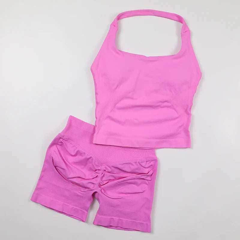 Yoga Halter Top Leggings Gym Set Women's Seamless High Elastic Longline Vest Buttock lift Shorts Set Daily Exercise  Sports Set