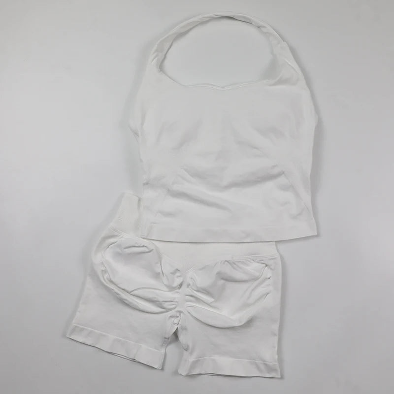 Yoga Halter Top Leggings Gym Set Women's Seamless High Elastic Longline Vest Buttock lift Shorts Set Daily Exercise  Sports Set